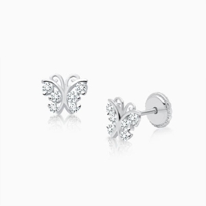 Curly Butterfly, Clear Pavé CZ Baby/Children&#039;s Earrings, Screw Back - 14K White Gold