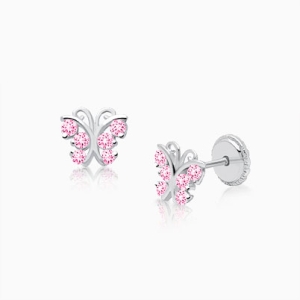 Curly Butterfly, Pink Pavé CZ Baby/Children&#039;s Earrings, Screw Back - 14K White Gold