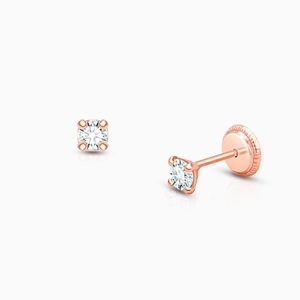 3mm CZ Round Studs, Baby/Children&#039;s Earrings, Screw Back - 14K Rose Gold