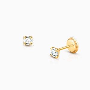 3mm CZ Round Studs, Baby/Children&#039;s Earrings, Screw Back - 14K Gold