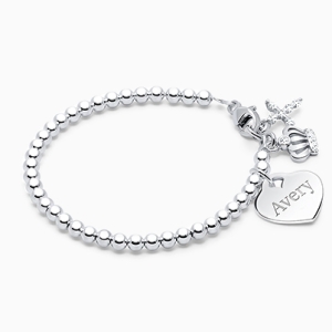 3mm Tiny Blessings Beads, Baby/Children&#039;s Beaded Bracelet for Girls (INCLUDES Engraved Charm) - Sterling Silver