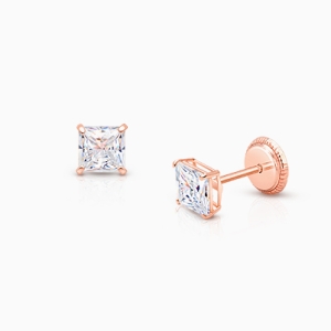 Princess Cut Studs, 4mm Clear CZ Studs, First Holy Communion Earrings, Screw Back - 14K Rose Gold