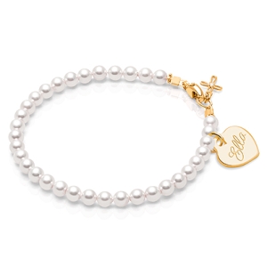4mm Cultured Pearls, First Holy Communion Beaded Bracelet for Girls (Includes Engraved Charm) - 14K Gold