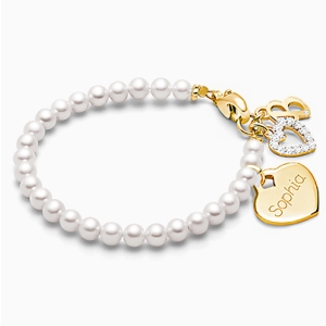 4mm Cultured Pearls, Teen&#039;s Beaded Bracelet for Girls (INCLUDES Engraved Charm) - 14K Gold