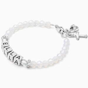 tB® Signature Crystal™ White Opal Christening/Baptism Baby/Children’s Name Bracelet for Girls - Sterling Silver