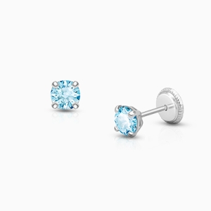 March Birthstone Studs, 4mm Swarovski® Crystal Teen&#039;s Earrings, Screw Back - 14K White Gold