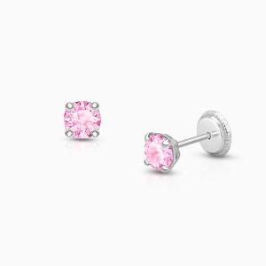 Gia™ 4mm Pink CZ Round Studs, Baby/Children&#039;s Earrings, Screw Back - 14K White Gold