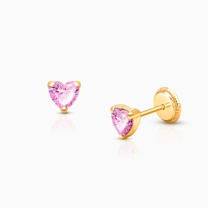 Heart Studs, 4mm Pink CZ Baby/Children’s Earrings, Screw Back - 14K Gold