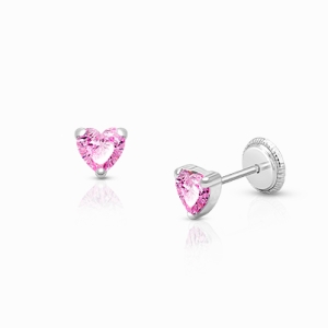 Heart Studs, 4mm Pink CZ Baby/Children’s Earrings, Screw Back - 14K White Gold