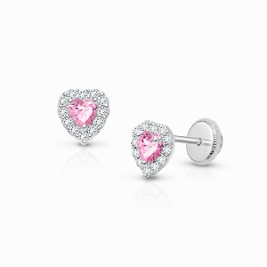 Blissful Heart, Pink/Clear CZ Baby/Children&#039;s Earrings, Screw Back - 14K White Gold