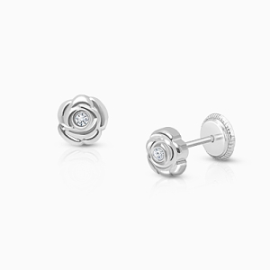 Blushing Rose, Clear CZ Studs Mother&#039;s Earring, Screw Back - 14K White Gold