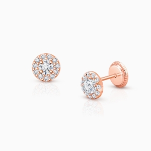 Brilliant Halo, Clear CZ Teen’s Earrings, Screw Back - 14K Rose Gold