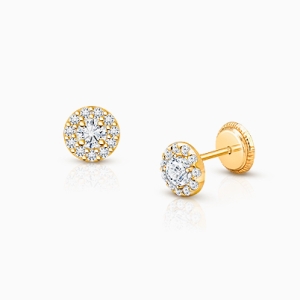 Brilliant Halo, Clear CZ Baby/Children’s Earrings, Screw Back - 14K Gold