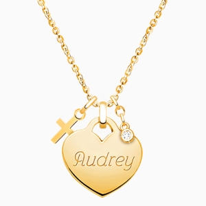 14K Gold Heart, Cross and Pearl Christening/Baptism Charm Necklace for Children (Includes Chain &amp; FREE 1-Side Engraving) - 14K Gold