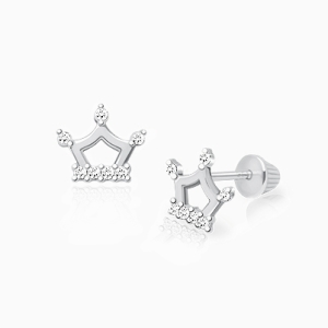 Crowned Cutie, Clear CZ Baby/Children&#039;s Earrings, Screw Back - 14K White Gold