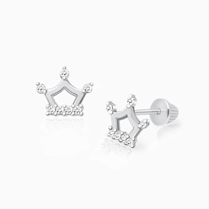 Crowned Cutie, Clear CZ Teen&#039;s Earrings, Screw Back - 14K White Gold