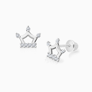Crowned Cutie, Clear CZ Baby/Children&#039;s Earrings, Screw Back - 14K White Gold
