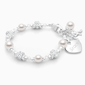 Crowned in Heaven, Christening/Baptism Baby/Children&#039;s Beaded Bracelet for Girls (INCLUDES Engraved Charm) - Sterling Silver