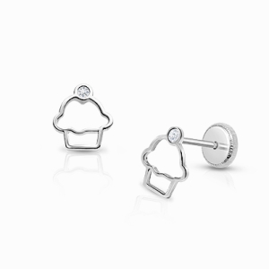 Cupcake Cutie, Clear CZ Baby/Children&#039;s Earrings, Screw Back - 14K White Gold