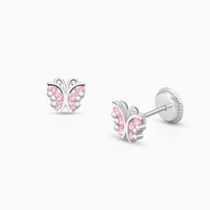 Curly Butterfly, Pink Pavé CZ Baby/Children&#039;s Earrings, Screw Back - 14K White Gold