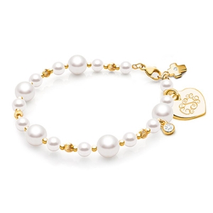 Divine Pearls, First Holy Communion Beaded Bracelet for Girls (Includes Engraved Charm) - 14K Gold
