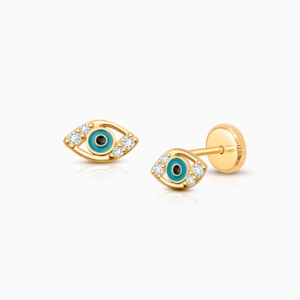 Evil Eye, Clear CZ Teen’s Earrings, Screw Back - 14K Gold