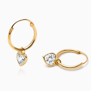 Fearless Heart Hoop Dangle, Clear CZ Mother&#039;s Earrings - 14K Gold