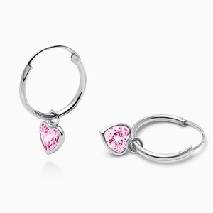 Fearless Heart, Pink CZ Baby/Children&#039;s Hoop Dangle Earrings - 14K White Gold
