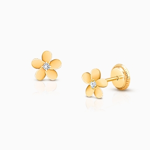 Forget Me Not, Clear CZ Flower Baby/Children’s Earrings, Screw Back - 14K Gold