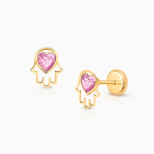 Hamsa Hand, Pink CZ Heart, Baby/Children&#039;s Earrings, Screw Back - 14K Gold