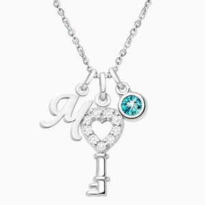 Heart Keeper, Children&#039;s Personalized Necklace Set for Girls (Includes Key, Initial, and Birthstone Charms) - Sterling Silver