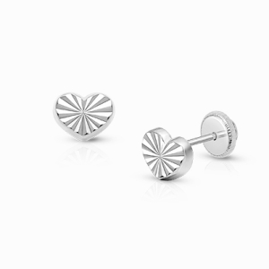 Diamond Cut Heart, Teen&#039;s Earrings, Screw Back - 14K White Gold