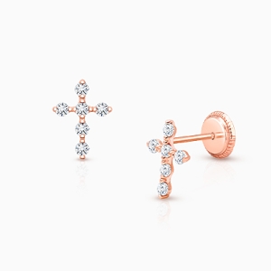 Light of Heaven, First Holy Communion Children&#039;s Cross Earrings, Screw Back, Clear CZ - 14K Rose Gold