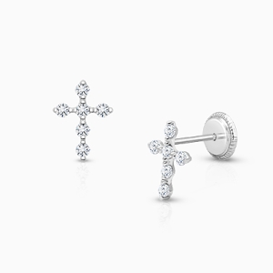 Light of Heaven, Baby/Children&#039;s Cross Earrings, Screw Back, Clear CZ - 14K White Gold