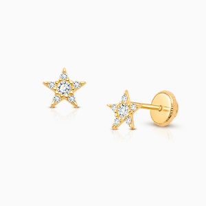 Little Dreamer, Clear CZ Star, Baby/Children’s Earrings, Screw Back - 14K Gold