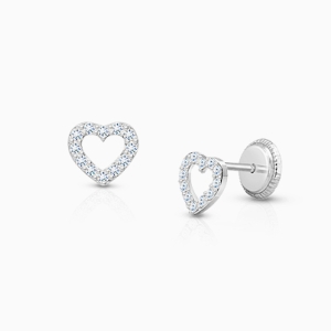 Love of Mine, Clear Pavé CZ Heart, First Holy Communion Children&#039;s Earrings, Screw Back - 14K White Gold