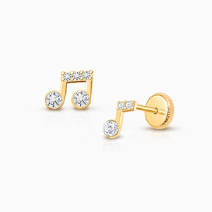 Magical Music Notes, Clear CZ Baby/Children&#039;s Earrings, Screw Back - 14K Gold