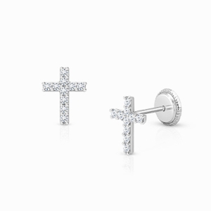 Miraculous Cross, Clear CZ Baby/Children’s Earrings, Screw Back - 14K White Gold