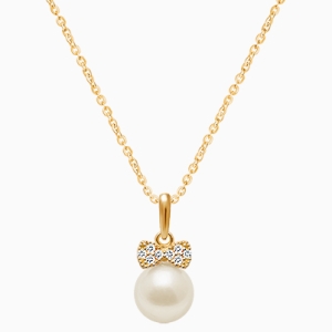 Miss Mouse Bow with Pearl Teen&#039;s Necklace (Includes Chain) - 14K Gold