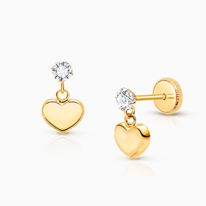 Modern Heart Dangle, Clear CZ First Holy Communion Children&#039;s Earrings, Screw Back - 14K Gold