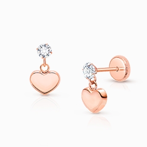 Modern Heart Dangle, Clear CZ Teen&#039;s Earrings, Screw Back - 14K Rose Gold