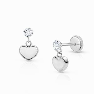 Modern Heart Dangle, Clear CZ Teen&#039;s Earrings, Screw Back - 14K White Gold