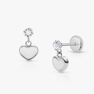 Modern Heart Dangle, Clear CZ Mother&#039;s Earrings, Screw Back - 14K White Gold
