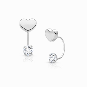 Modern Heart Screw Front, Clear CZ Teen&#039;s Earrings - 14K White Gold