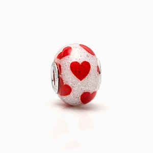 You&#039;ll Be In My Heart, Sterling Silver with Red Hearts on White Murano Glass (Hand Made in Italy) - Adoré Charm