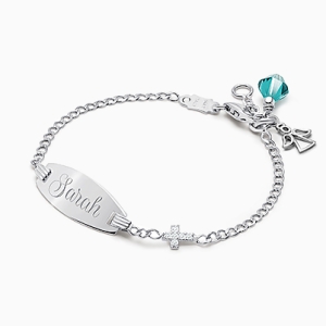 Pavé Cross, Christening/Baptism Baby/Children&#039;s Engraved ID Bracelet - 14K White Gold