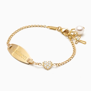 Pave Heart Christening Baptism Baby Children s Engraved ID Bracelet for Girls 14K Gold