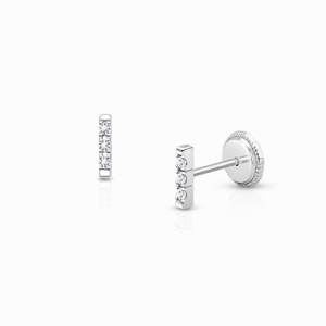 Pavé Bar, Clear CZ First Holy Communion Children&#039;s Earrings, Screw Back - 14K White Gold