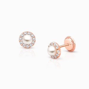 Pearl Halo, Clear CZ Mother’s Earrings, Screw Back - 14K Rose Gold