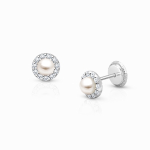 Pearl Halo, Clear CZ Mother’s Earrings, Screw Back - 14K White Gold